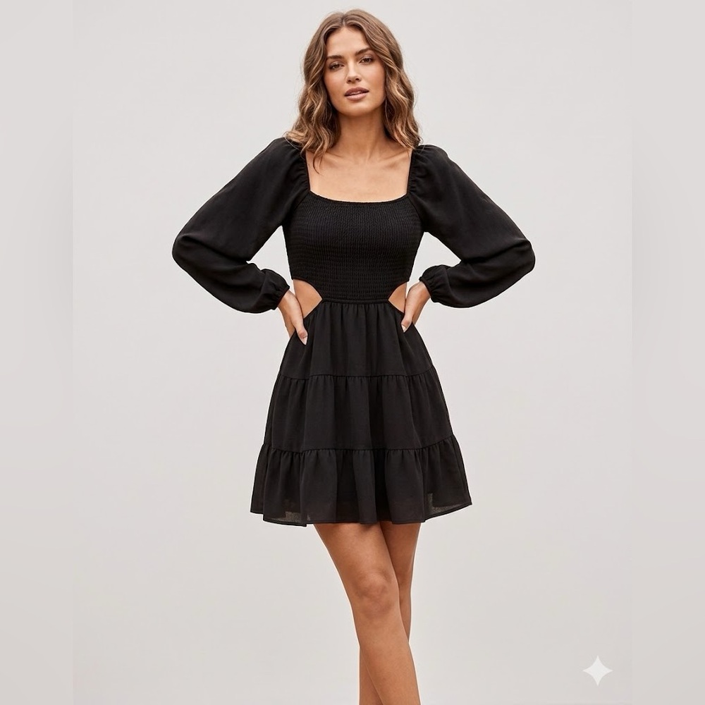 Altar'd State Black Smocked Cut-Out Tiered Long Sleeve Mini Dress LBD Medium EUC
